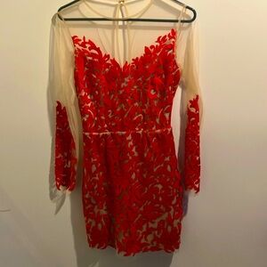 Gorgeous red leafy dress with sheer neck and sleeves nwot